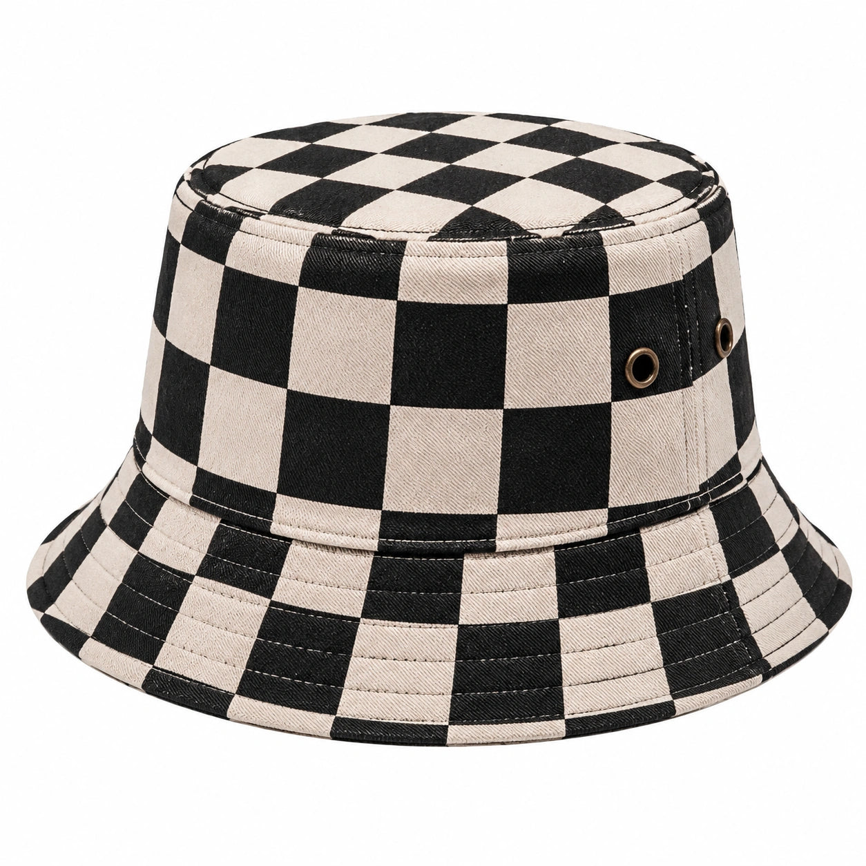 Chapeau bob taille unique en tissu noir et écru à carreaux style décontracté