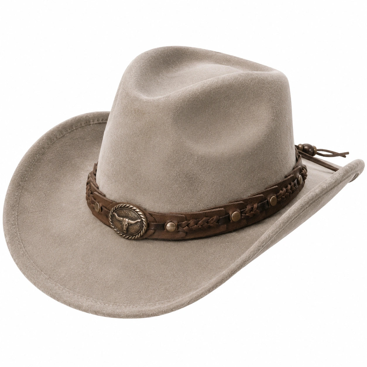 Chapeau cowboy taille unique en textile effet suédine beige avec bande décorative ajustable
